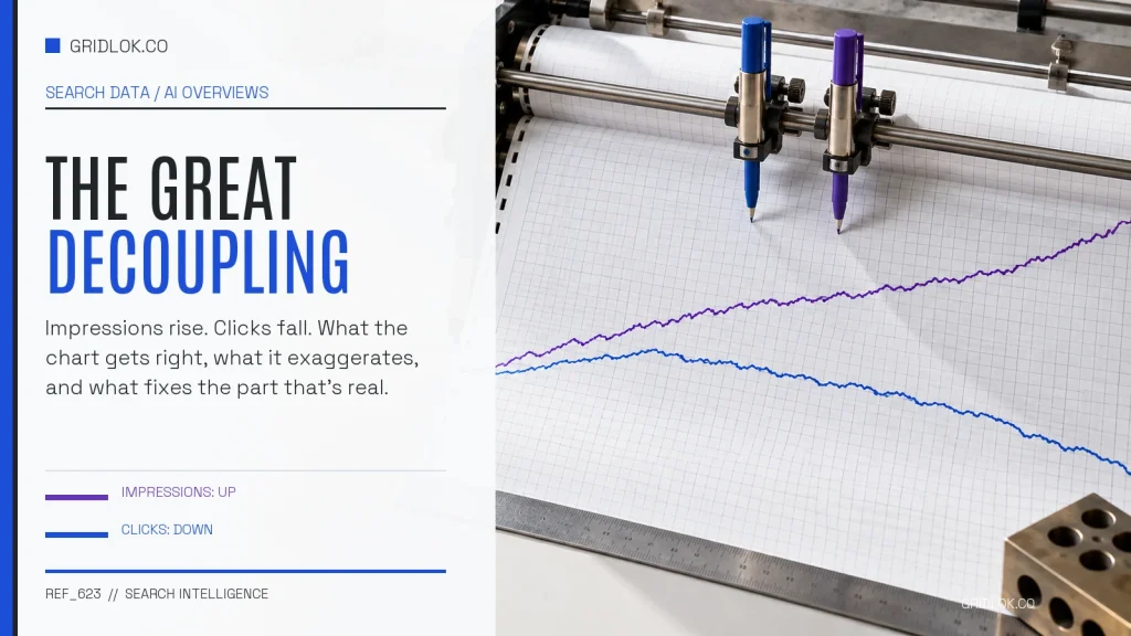 The Great Decoupling visualized by a chart recorder drawing rising impressions and falling clicks