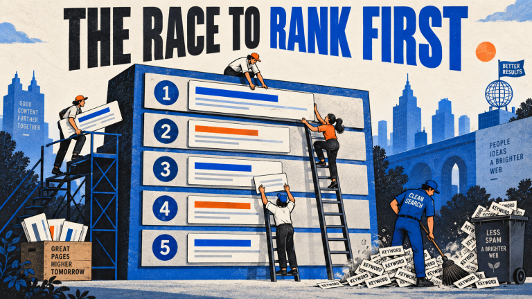 Workers arrange search results while discarded keyword blocks pile up below the ranking board.