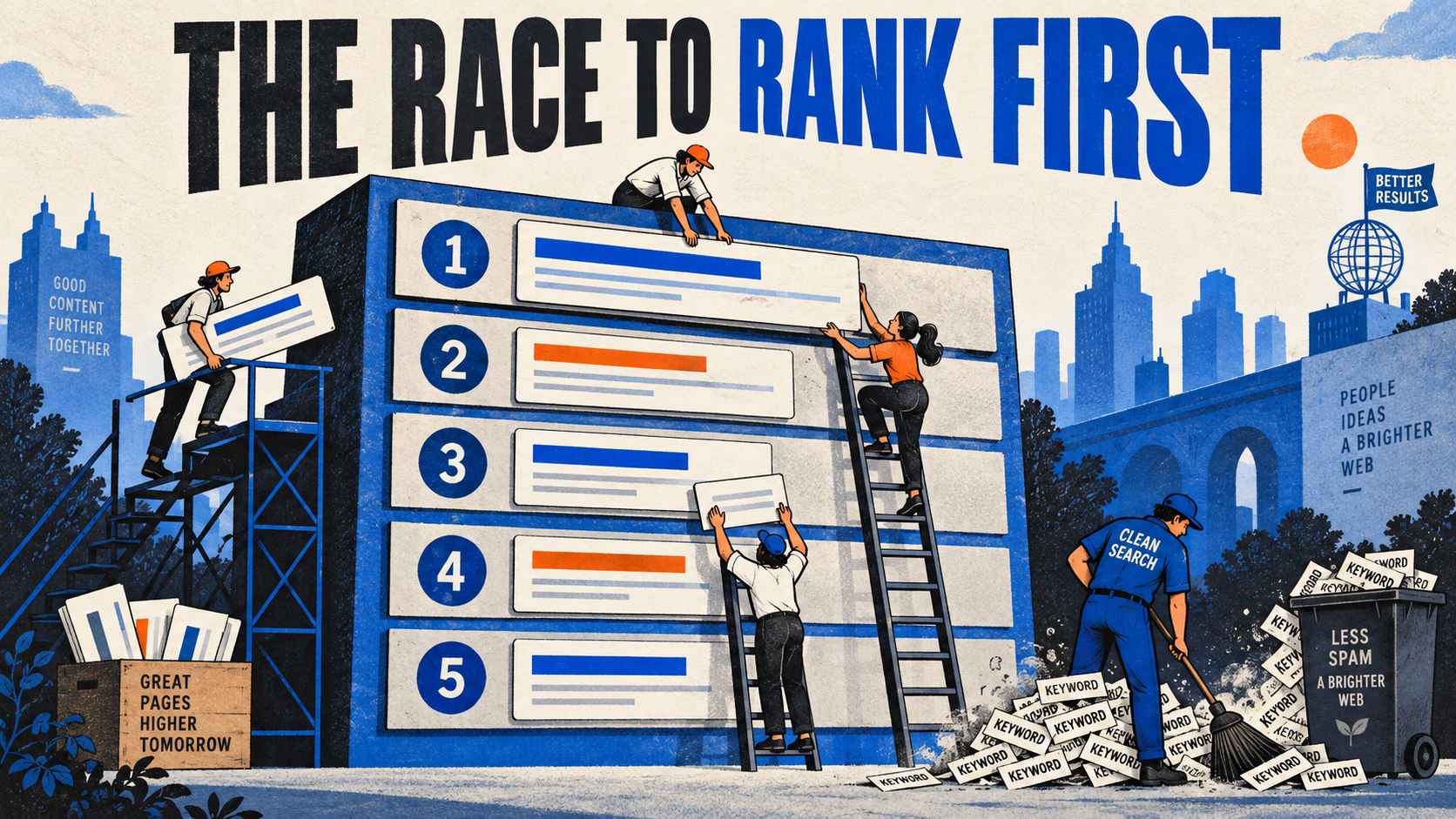 Workers arrange search results while discarded keyword blocks pile up below the ranking board.