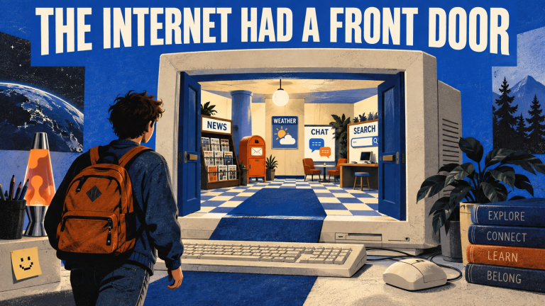 A visitor steps through a computer screen into a lobby with news, weather, chat, and search desks.
