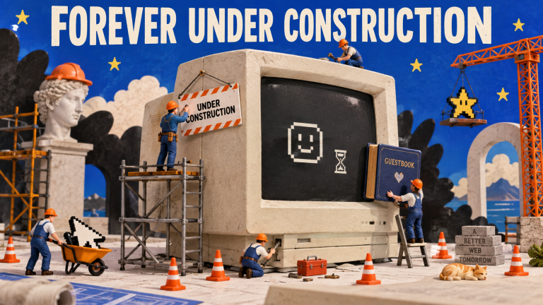 Tiny construction workers repair a beige computer beside a guestbook and an under construction sign.