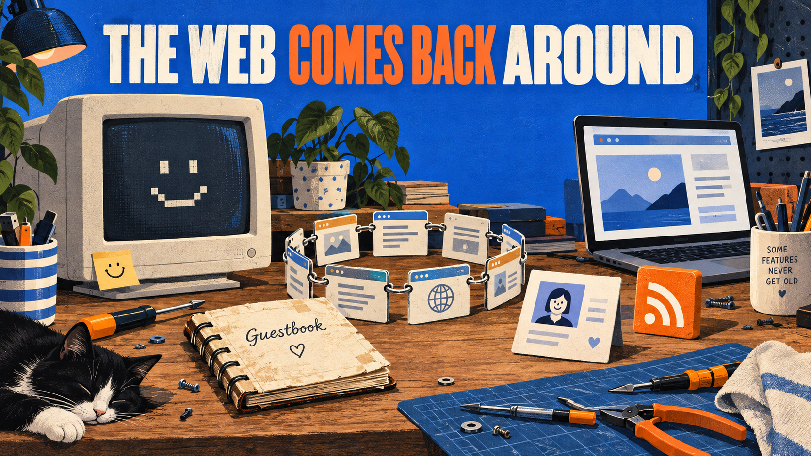 A guestbook, linked personal webpages, and an RSS symbol connect a retro computer to a modern screen.