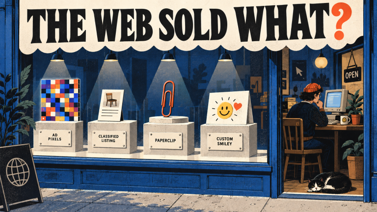 A shop window displays advertising pixels, a classified listing, a paperclip, and a custom greeting.