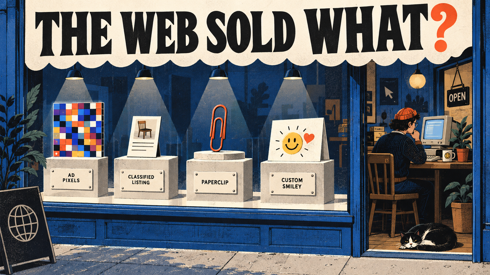 A shop window displays advertising pixels, a classified listing, a paperclip, and a custom greeting.