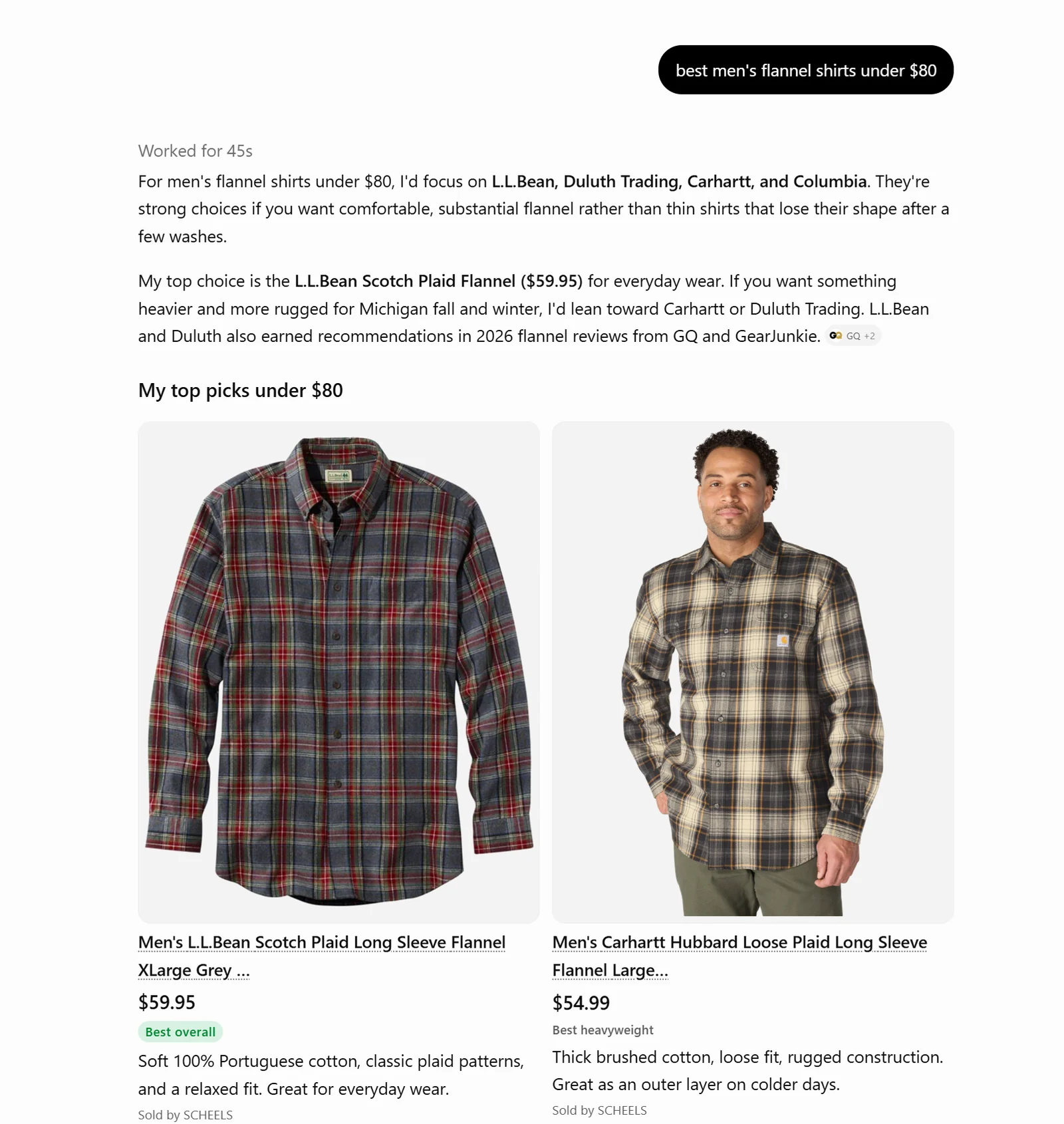 ChatGPT answer to best men's flannel shirts under $80 naming L.L.Bean, Duluth Trading, Carhartt, and Columbia with a GQ citation, then product cards for an L.L.Bean Scotch Plaid flannel at $59.95 and a Carhartt flannel at $54.99, both sold by Scheels
