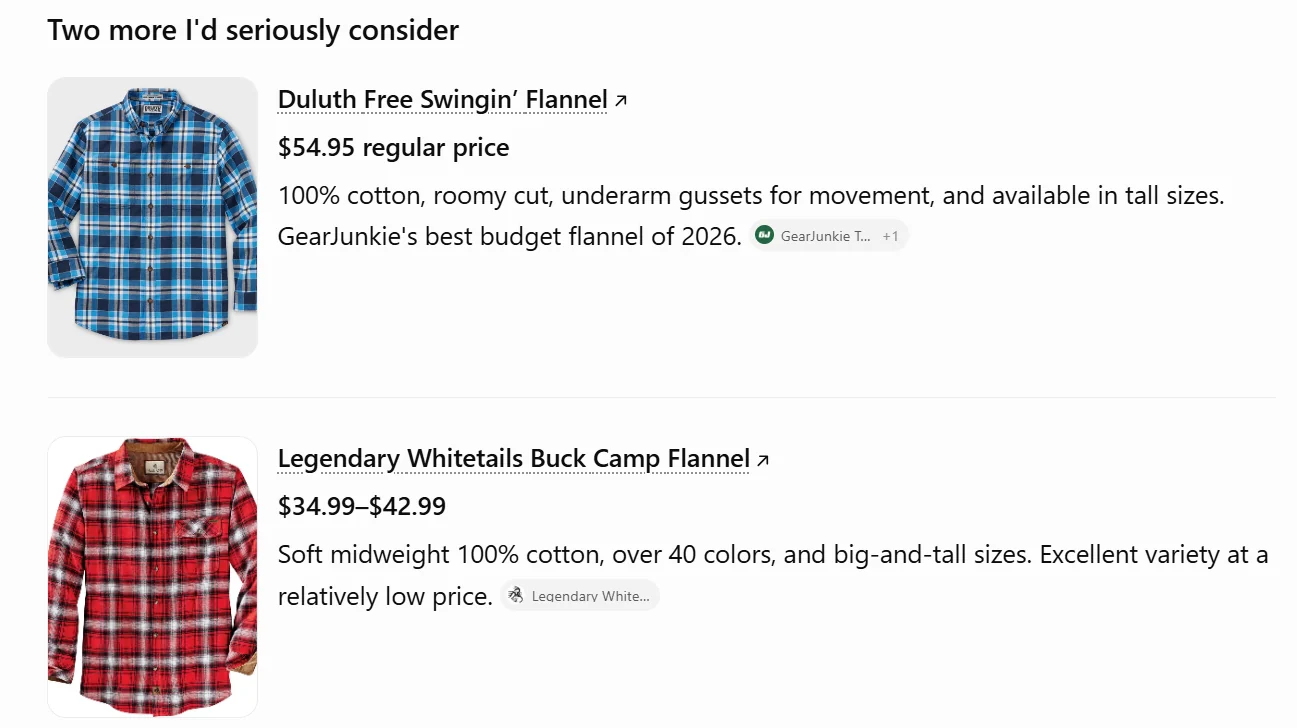 ChatGPT cards for the Duluth Free Swingin Flannel at $54.95 with a GearJunkie citation and the Legendary Whitetails Buck Camp Flannel at $34.99 to $42.99 with a citation to the Legendary Whitetails site