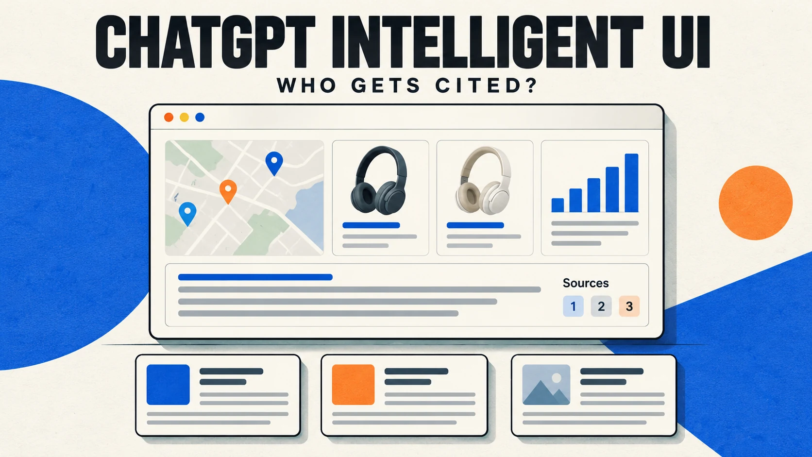 Illustration of a ChatGPT answer with a map, product comparison, chart, and source pages.