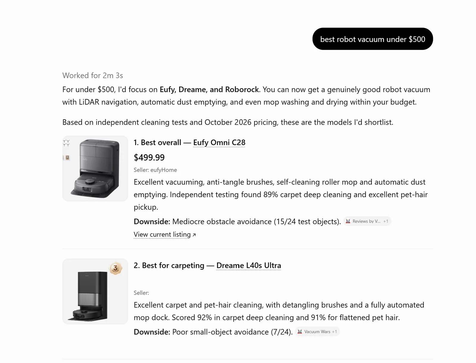 ChatGPT answer to best robot vacuum under $500: an intro naming Eufy, Dreame, and Roborock, then product cards for the Eufy Omni C28 at $499.99 sold by eufyHome with a View current listing link, and the Dreame L40s Ultra with an empty seller line, each with a review citation chip