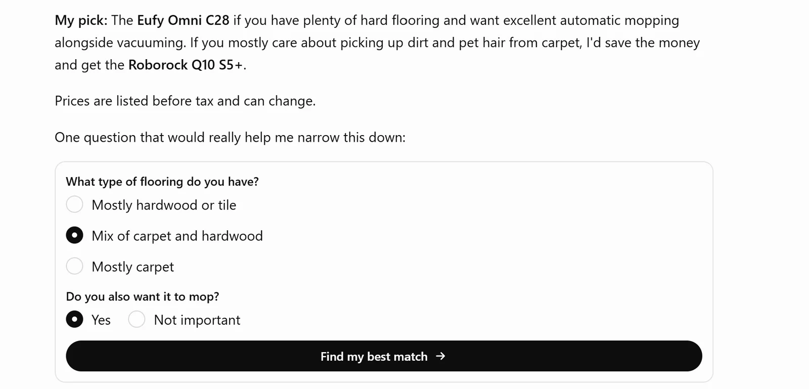 The end of the same ChatGPT answer: a my pick recommendation, then a form asking what type of flooring you have and whether it should mop, with radio buttons and a Find my best match button